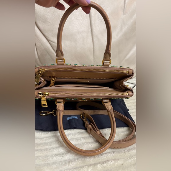 Prada Beige Saffiano Satchel with Turquoise Crystal Studs - Picture 8 of 16